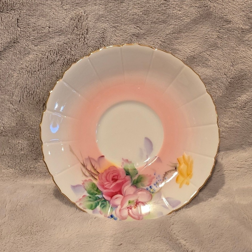 Vintage Takiro Japan Hand Painted Floral Porcelain Saucer Gold Scalloped Edge